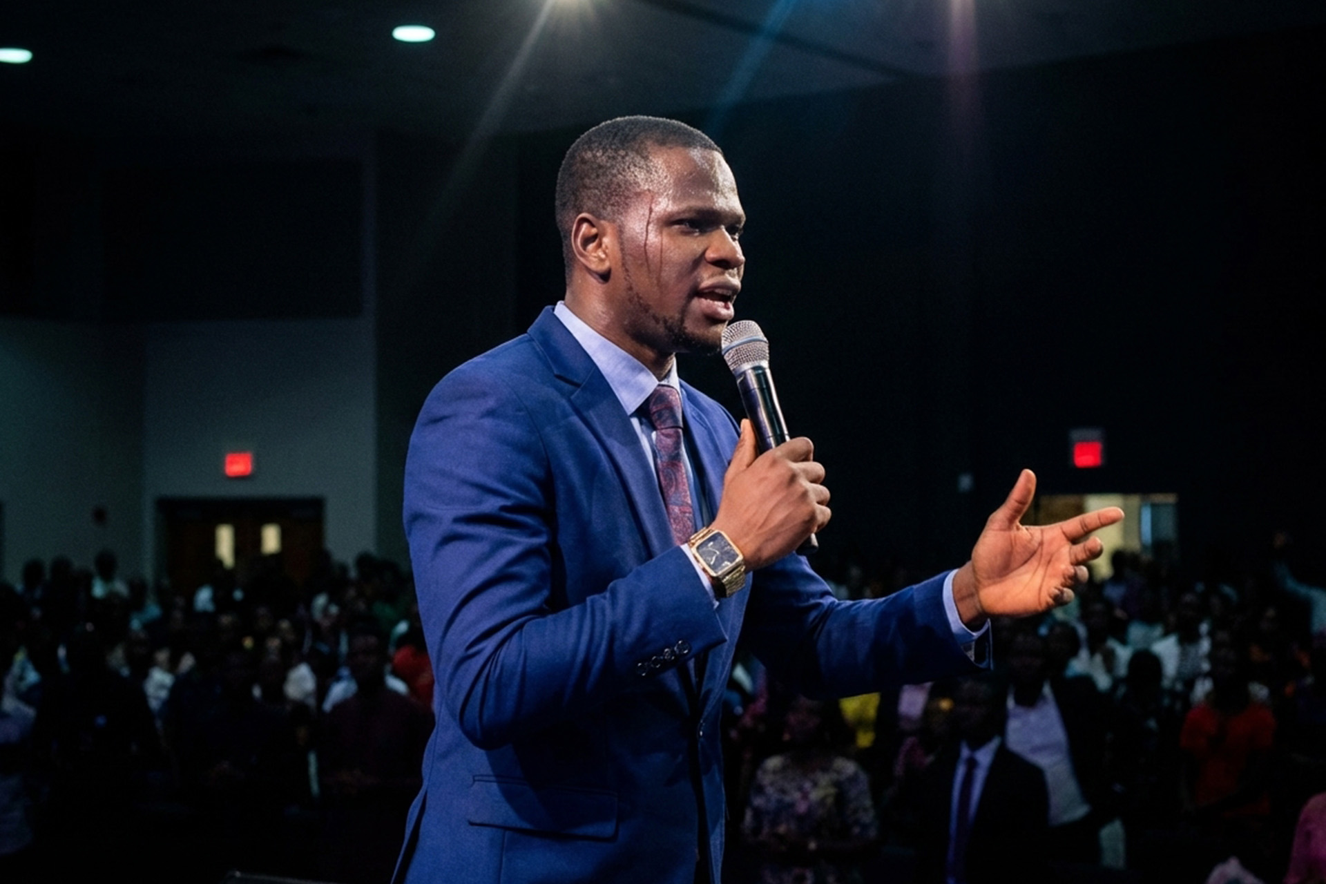 David S. Okeke preaching to a packed auditorium