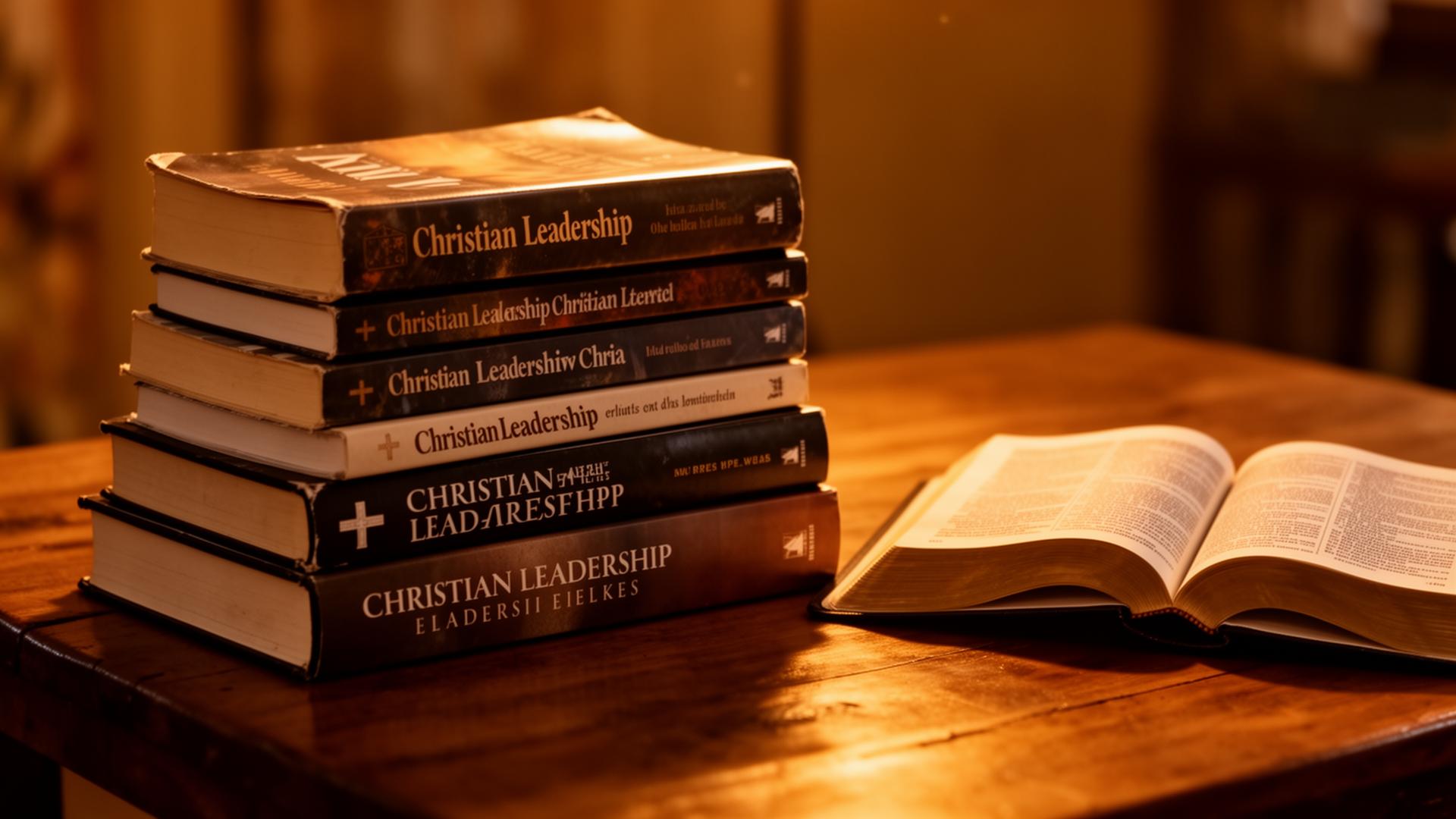 Leadership and discipleship books on a wooden table
