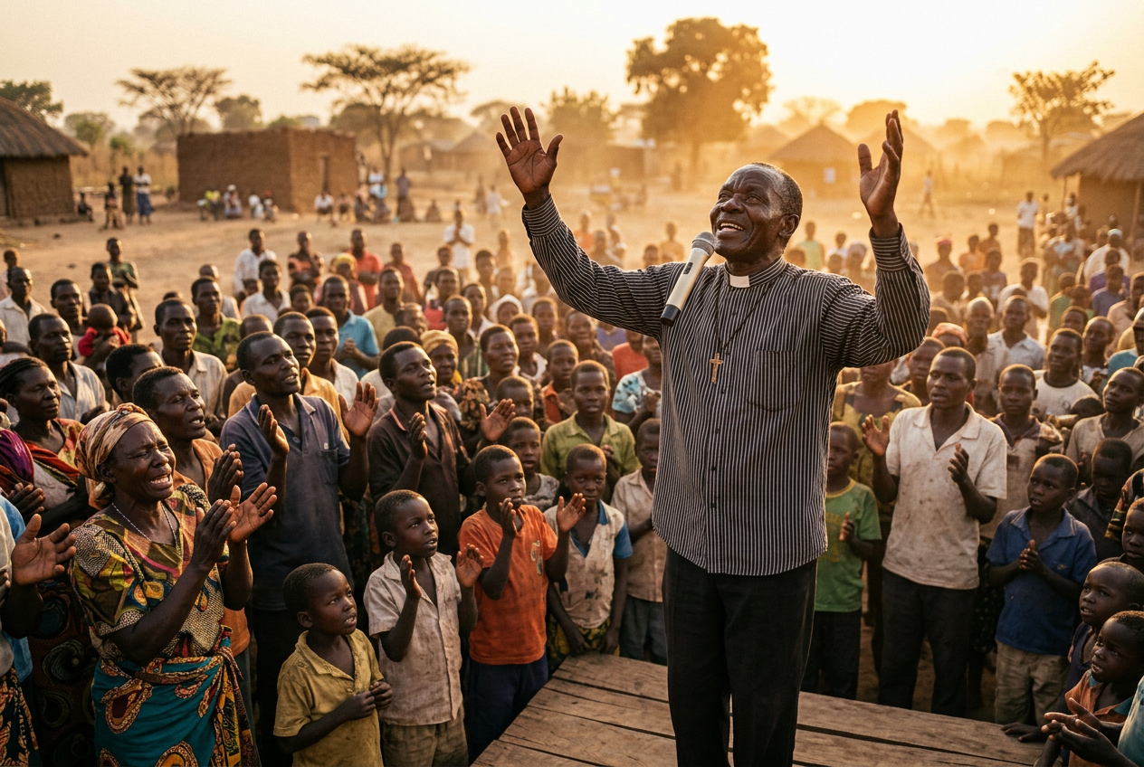 A pastor preaching to a gathered crowd at golden hour