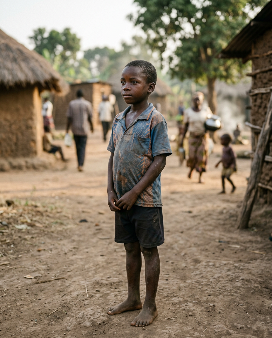 A child in a rural village standing in quiet dignity and hope
